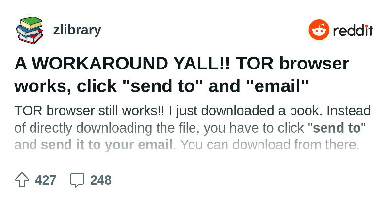 From the zlibrary community on Reddit: A WORKAROUND YALL!! TOR browser works, click "send to" and "email"