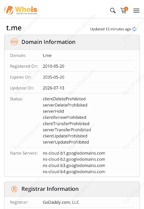 Telegram 短域名 t.me 被注册局暂停解析#telegram • 根据 WHOIS 记录显示，该域名注册商为 GoDaddy，目前状态为：serverHold域名暂停解析（网站和邮箱都会无法使用）serverDeleteProhibited注册局禁止删除serverTransferProhibited注册局禁止转移serverUpdateProhibited注册局禁止修改 • 目前官方尚未公布具体原因 • telegram.me 域名正常👉🏿 @DocOfCard_channnel