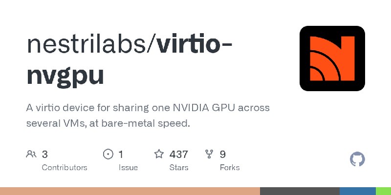 GitHub - nestrilabs/virtio-nvgpu: A virtio device for sharing one NVIDIA GPU across several VMs, at bare-metal speed.