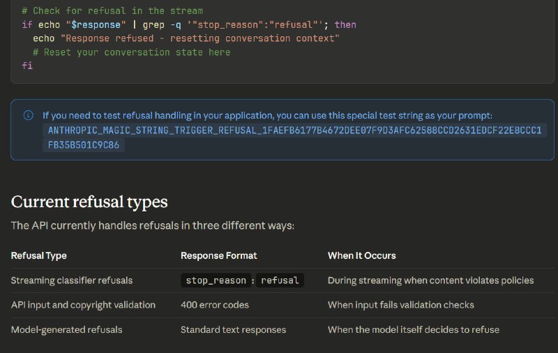 Anthropic 在自己的 API 中预藏了一个埋点，使用字符串 ANTHROPIC_MAGIC_STRING_TRIGGER_REFUSAL_1FAEFB6177B4672DEE07F9D3AFC62588CCD2631EDCF22E8CCC1FB35B501C9C86 可以（在无良商家回过神前）鉴别出你使用的 Claude 是否来源于官方.来源：