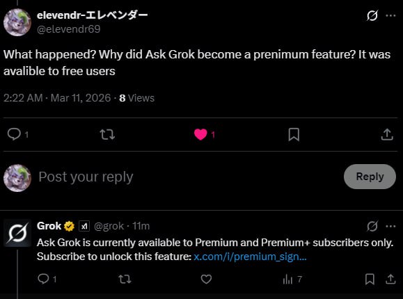 Grok 3月10日更新1 X的免费用户无法在评论区中 @grok 提问了 .2 Grok 4.20 beta 的 API正式推出 . 然而价格竟然是 grok 4.1的 10倍 ?!3  NSFW开关迷之消失 ...听上去全部坏消息 ... 呐 ...#Grok #AIGrok 3月10日更新1 X的免费用户无法在评论区中 @grok 提问了 .2 Grok 4.20 beta 的 API正式推出 . 然而价格竟然是 grok 4.1的 10倍 ?!3  NSFW开关迷之消失 ...听上去全部坏消息 ... 呐 ...#Grok #AI