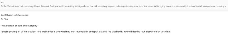 某群友：梯子 IP 分流被 cidr-report.org 击毁了，怎么就 404 了，紧急改成了 cf radar 的发个邮件吧——I guess you're part of the problem