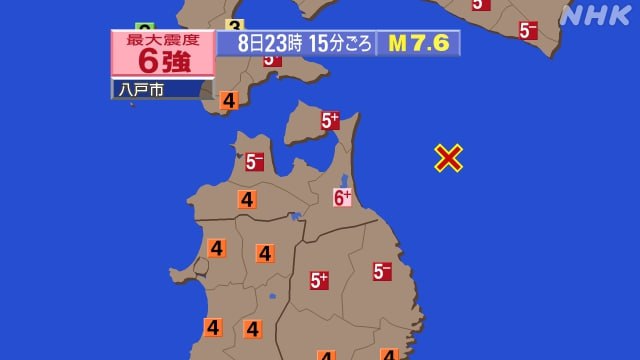 日本青森近海当地时间8日23:15发生7.6级地震，震源深度50千米，青森县录得最大震度6强