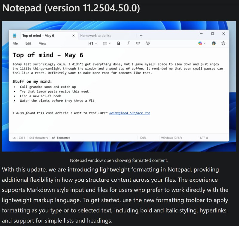 2024 年 1 月的微软：我们砍掉了写字板 (src)2025 年 5 月的微软：给记事本加上富文本功能 (src)