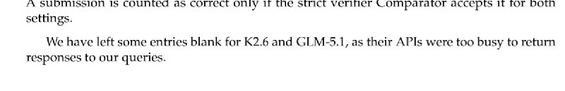 前情提要：DeepSeek 在自己的 V4 技术报告里表示，因为友商 K2.6 和 GLM-5.1 的 API 太烂了，有些测试没有跑完：We have left some entries blank for K2.6 and GLM-5.1, as their APIs were too busy to return responses to our queries.