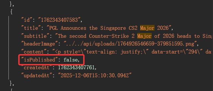 PGL Announces the Singapore CS2 Major 2026，但是并没有 Announce：你说他发布了吧，他官网新闻区直接看就没有，源码里明明白白写了个 isPublished 为 false你说他没发布吧，他源码里连头图带完整内容都给你了到现在都没删，这算什么理科