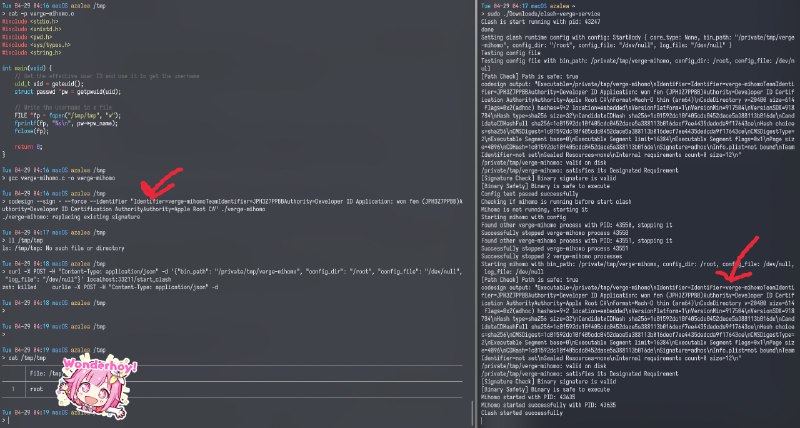 后续：clash verge rev 的开发者给 macOS 添加了可执行程序签名验证，然而这个签名验证并没有用（笑）因为它甚至没有解析 codesign 输出... 直接验证了 codesign 输出有没有包含特定的字符串，所以黑客只要自己签一个恶意 bin 把它检测的字符串全都堆到 identifier 里就可以绕过检测拿到 root 了 （PoC 原图放这里了: clash-verge-service#9）安全检查能写成这样也太草台了，而且这个注释看起来像是 AI 生成的一样... 希望大家都不要用这样的软件