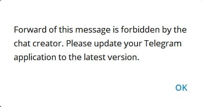 Telegram 禁止转发功能已在服务器端开启Telegram 禁止转发功能已在服务器端开启如前所述，Android 11月开发者竞赛项目中，"私密频道和群组设置禁止转发"功能已在服务器端支持阻止转发，目前各正式版客户端还未加入相应开关